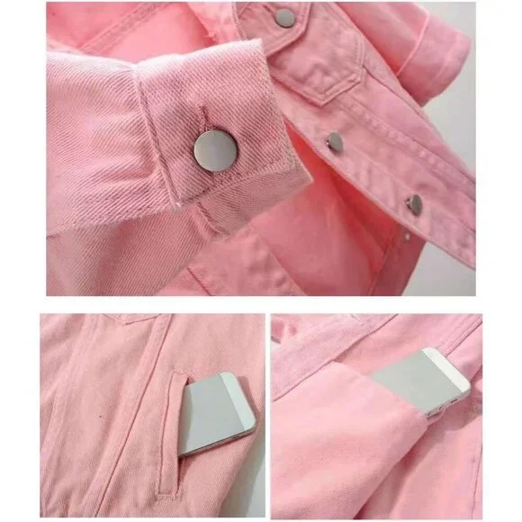 Women's 3/4 Sleeve Colored Cropped Denim Jacket Short Jean Jacket Trucker Pink - Picture 5 of 5
